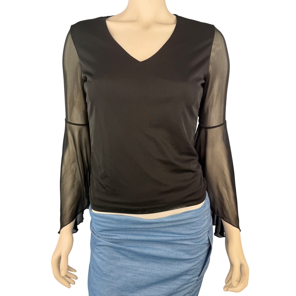 Y2K Black Sheer Bell Sleeve Top Flowy V-Neck Goth Fairy Blouse Juniors Size L